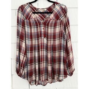 Style & Co Womens L Plaid Peasant Blouse Boho Farmcore Country Chic Folk Rustic